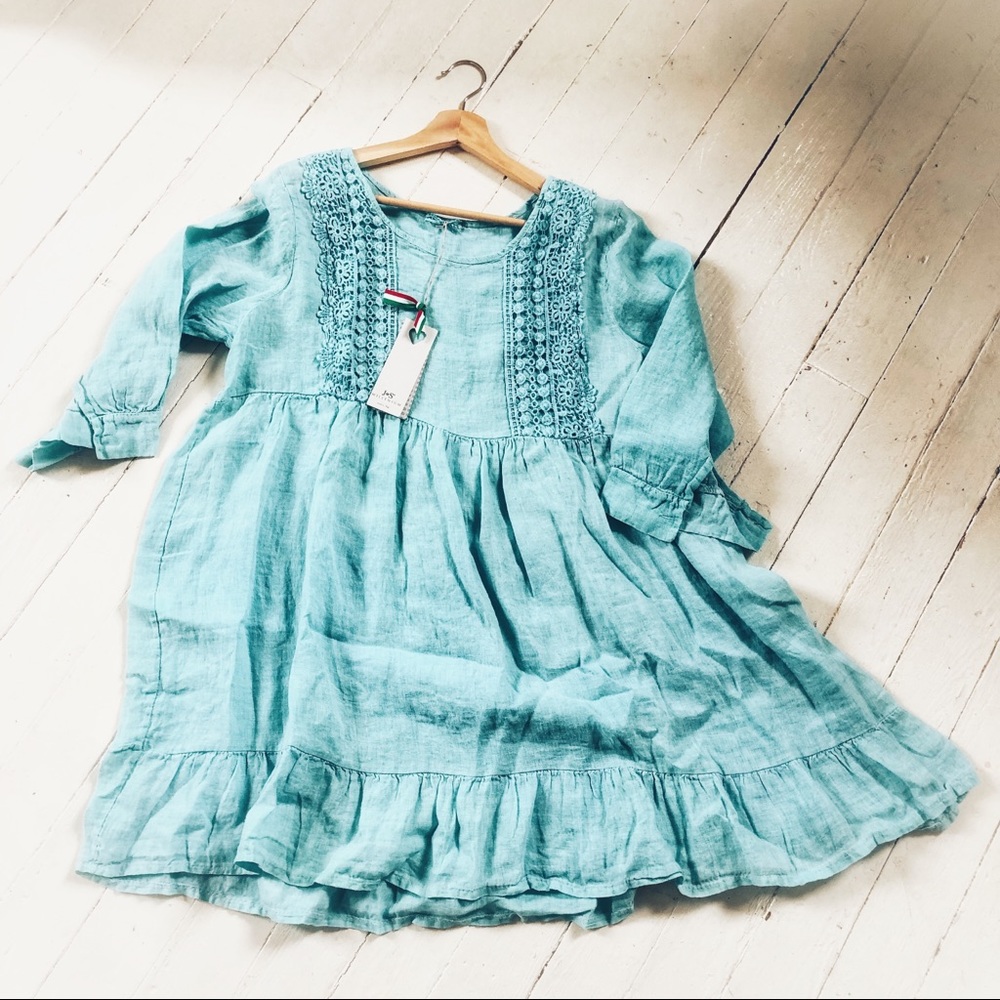 Aqua 100% linen lace boho prairie tunic dress top